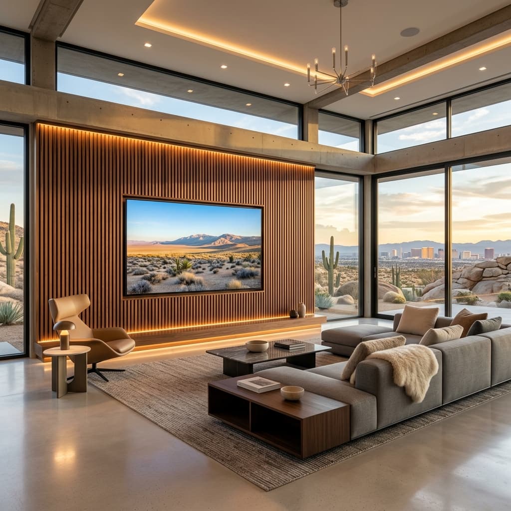 Luxury Las Vegas residential interior with premium wall-mounted TV and desert mountains view