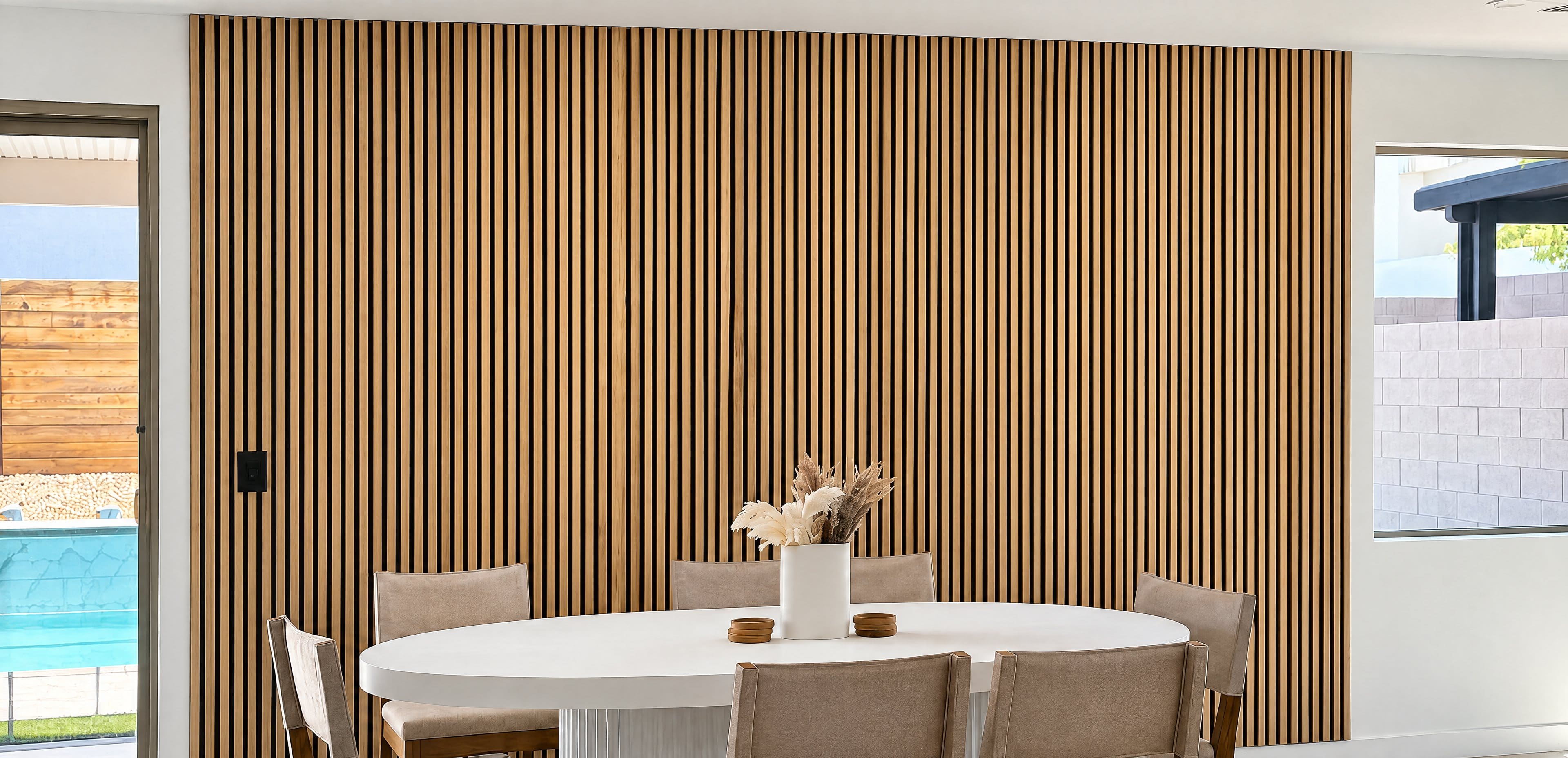 Dining room with a full-height wood slat wall