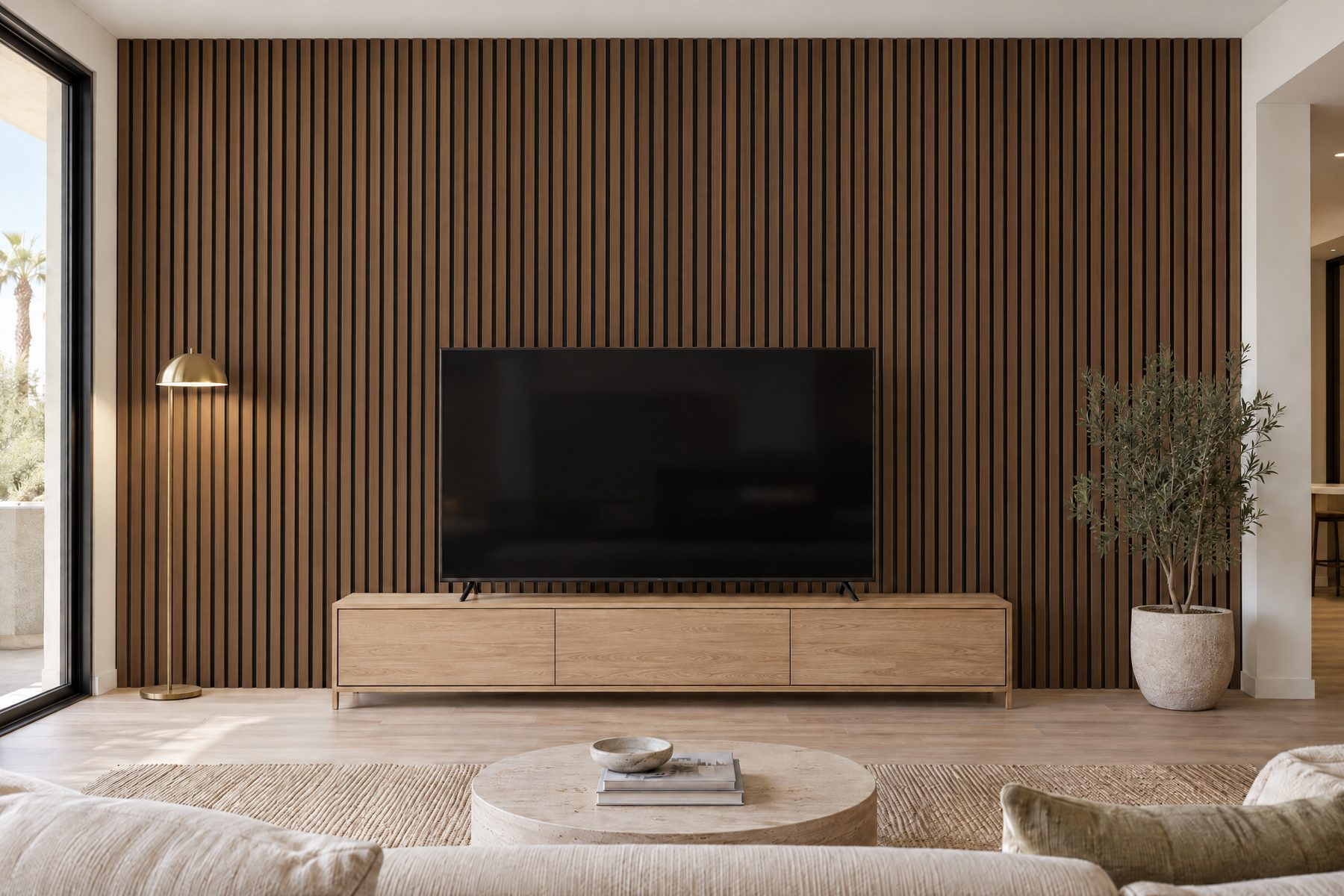 Illustration: living room with a walnut wood slat wall